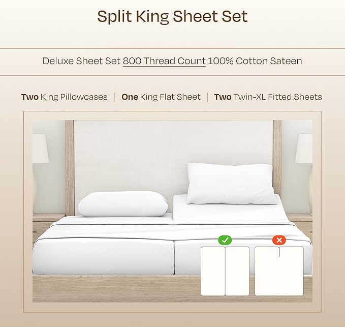 California Design Den Split King Sheets Sets for Adjustable Bed - Buttery Soft 800 Thread Count, 100% Cotton Sateen, Durable Bedding Set - White