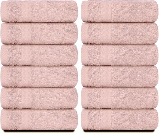 White Classic Luxury Cotton Washcloths 13x13 Inch - 650 GSM Turkish Cotton | Hotel, Spa, Bathroom Face Towel | 12 Pack, Pink