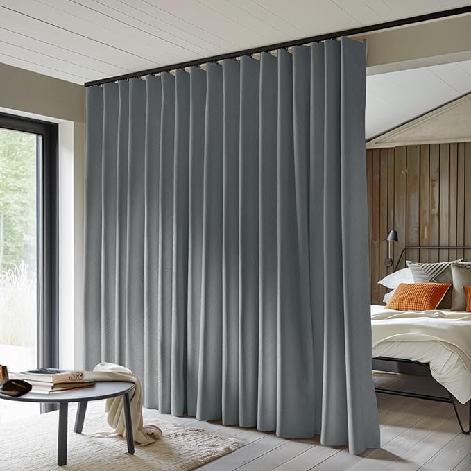 Room Divider Curtains Total Blackout Privacy Curtain Panel Room Thermal Insulated Noise Reduction Curtains for Bedroom Window Living Room Ceiling Track Curtain W 15 ft × H 7 ft Dark-Grey