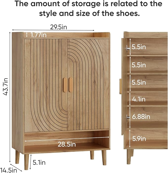 Smuxee Oak Shoe Cabinet with Line Groove Design, 6-Tier Shoe Storage Cabinet with Adjustable Shelves, Freestanding Shoe Organizer Cabinet for Entryway, Hallway, Closet, Living Room