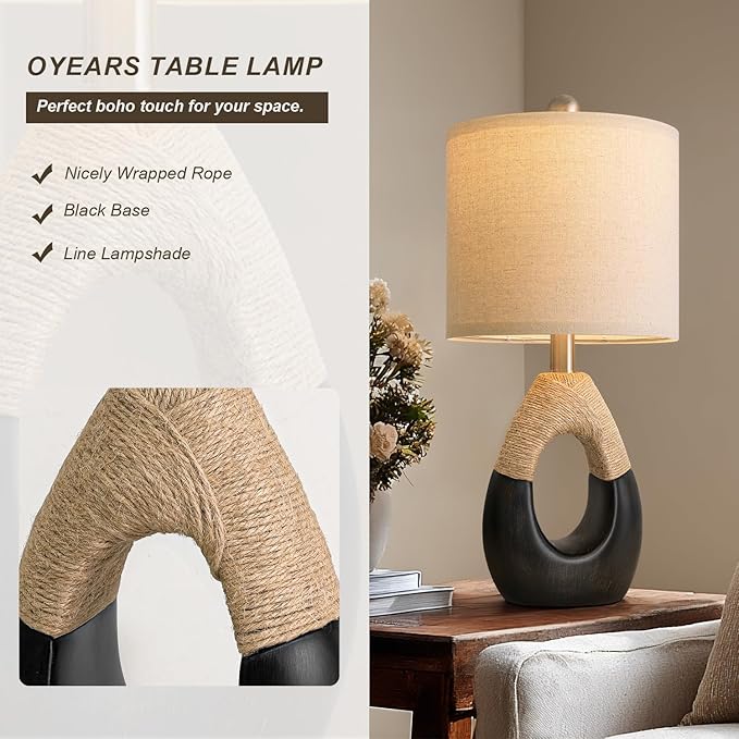OYEARS 19" Table Lamps Set of 2, Bedside Lamps for Bedroom, Boho Lamps for Living Room, Rustic Lamps for Office, Vintage Design Nightstand Lighting (Bulb Not Included, Black)