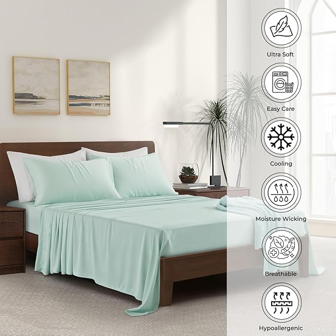 Luxury Bamboo Market | Queen Size Bed Sheet Set | 100% Viscose Made from Bamboo | Organically Grown | Ultra Soft | Cooling Sheets for Hot Sleepers | 17" Deep Pocket [Coastal Green]