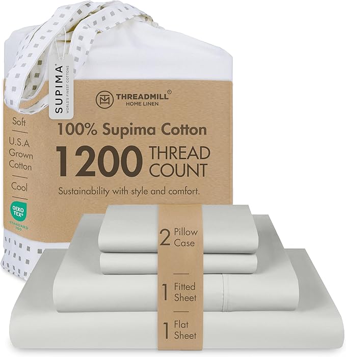 Threadmill Luxury Supima Cotton Sheets, Luxury 1200 Thread Count Soft 100% Cotton Sheets for Queen Size Bed, 4 Pc Light Grey Bed Sheets Queen Set, 5-Star Hotel Quality Deep Pocket Bed Sheets Set