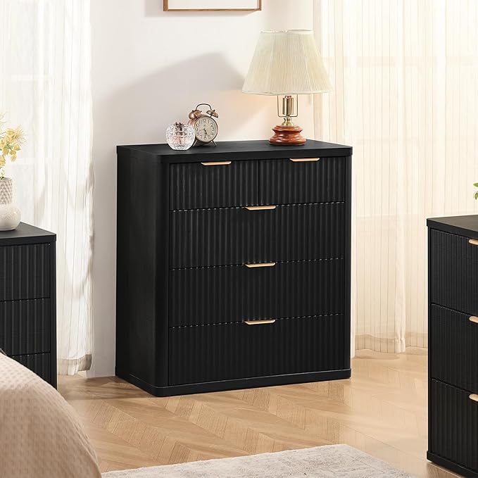 LEYAOYAO Fluted 5 Drawers Dresser for Bedroom Set of 2, 34" Tall Modern Chest of Drawers with Metal Handle, Curved Profile Design,Black Wood Drawer Organizer for Bedroom, Living Room, Hallway