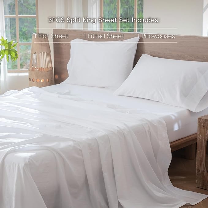 MooMee Bedding Sheet Set 100% Washed Cotton Linen Like Textured Breathable Durable Soft Comfy (Solid Bright White, Twin XL)
