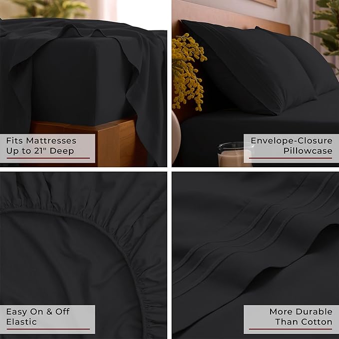 Mellanni Full Sheet Set - 6-Piece Iconic Collection Bedding, (Including 4 Pillowcases), 21-Inch Extra Deep Pocket, Easy Care, Ultra Soft, Cooling Sheets, Brushed Microfiber - Black