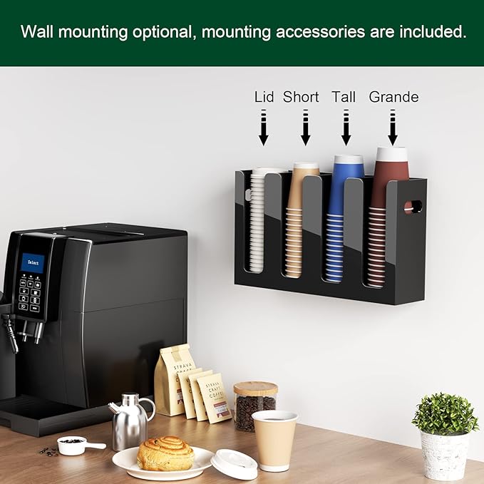 Disposable Coffee Cup Dispenser with Handles, Countertop or Wall Mount Hot/Cold Drink Cup and Lid Holder - Bathroom/Kitchen/Office Acrylic Cup Lid Storage Organizer (4 Compartments, Black)