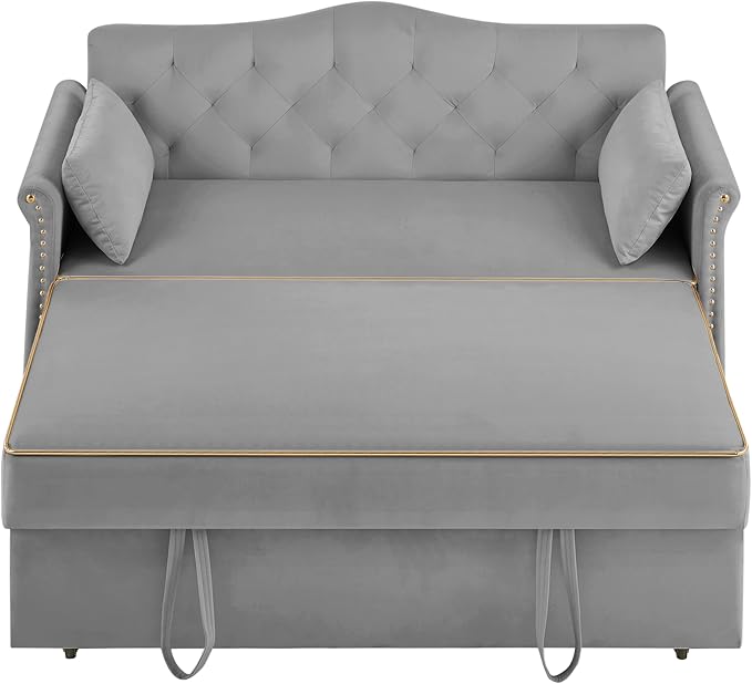 57'' Convertible Sleeper Sofa Bed with Adjustable Backrest, Chaise Lounge, 2 Pillows & Side Storage Pockets – Stylish & Functional Furniture for Living Room or Small Spaces (Grey Sofa Bed)