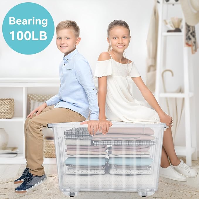 Nazhura 97Quart Plastic Storage Bin, Stackable and Nestable Storage Boxes with Clear Lids and Secure Latching Buckles, Large Storage Container (Clear, 97Quart-6Pack)