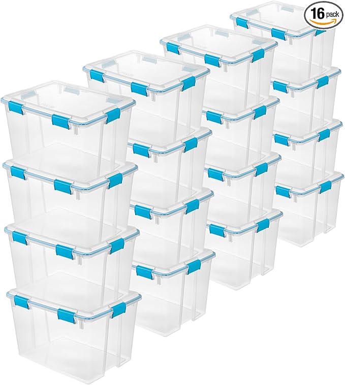 Sterilite 16-Pack Gasket Box, Weather-Resistant Storage Bins with Latching Lids, 80 Quart - Heavy-Duty Organizing Containers for Closet, Bathroom, and Office