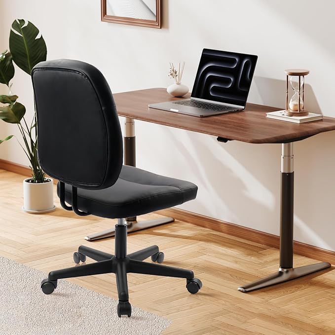 CLATINA Armless Home Office Chair, Small PU Leather Ergonomic Low Back Desk Chair with Lumbar Support and Wheels, Adjustable Height 360° Swivel Rolling Computer Task Chair, Black, 6 Pack