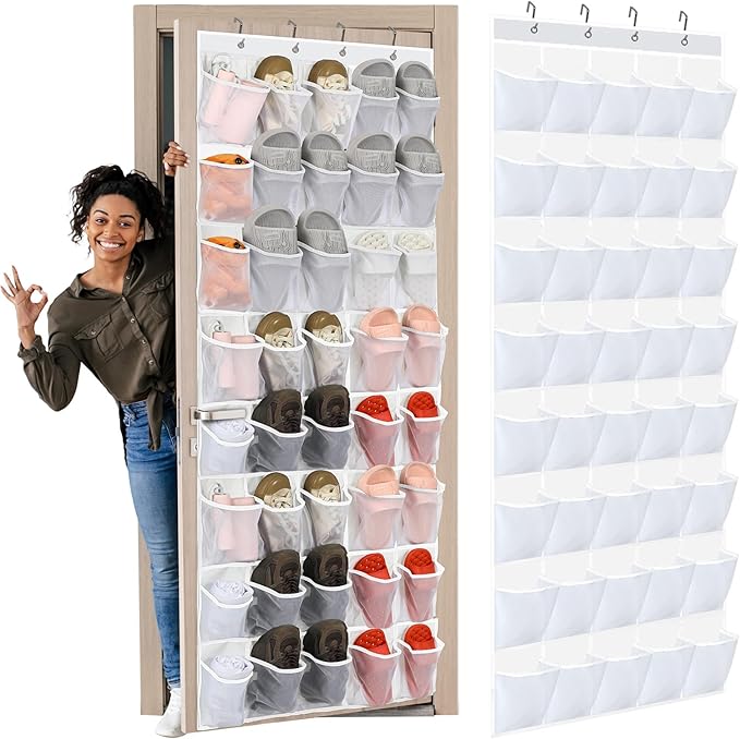 Windyun 40 Over the Door Shoe Organizer Large Breathable Mesh Pocket Clear White Hanging Shoe Rack for Closet Behind Door Hanger Storage Holder Nonslip Hook for Women Men Entryway Bedroom Utility Room