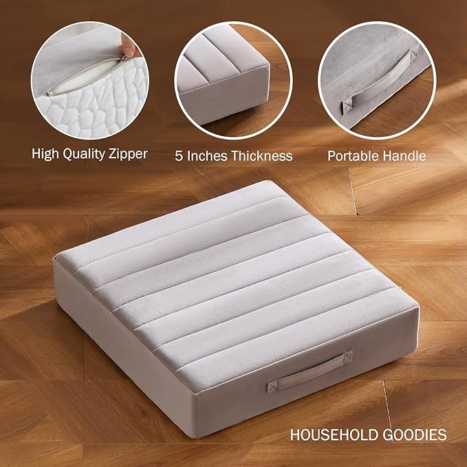 22 inch Floor Pillow for Adults and Kids - Meditation Cushions and Yoga Cushion for Floor Sitting - Ideal for Living Room and Outdoor Use - Machine Washable (Light Gray)