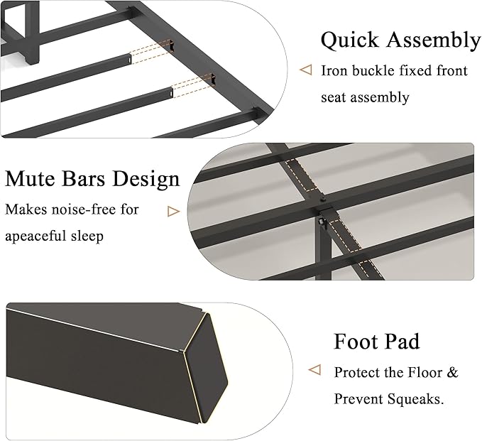 Queen Size Bed Frame with Storage Headboard & Charging Station, Platform Bedframe with LED Lights, Upholstered Headboard, Metal Slat Support, No Box Spring Needed