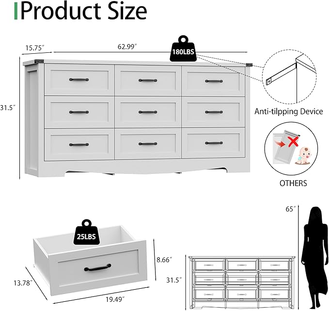 Dresser for Bedroom with 9 Drawers, 63" Wide Wood Chest of Drawers with Deep Drawers & Mental Handle, Modern Dresser TV Stand, Wooden Closet Storage Organizer for Living Room, Hallway, Entryway, White