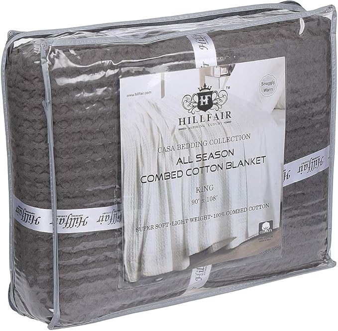 HILLFAIR 100% Combed Cotton Blanket– Queen Size Bed Blanket– Warm Soft All Season Breathable Lightweight Summer Blankets– Waffle Weave Home Decor Bed Blanket- Grey Queen Bed Cotton Blankets/Bedcover