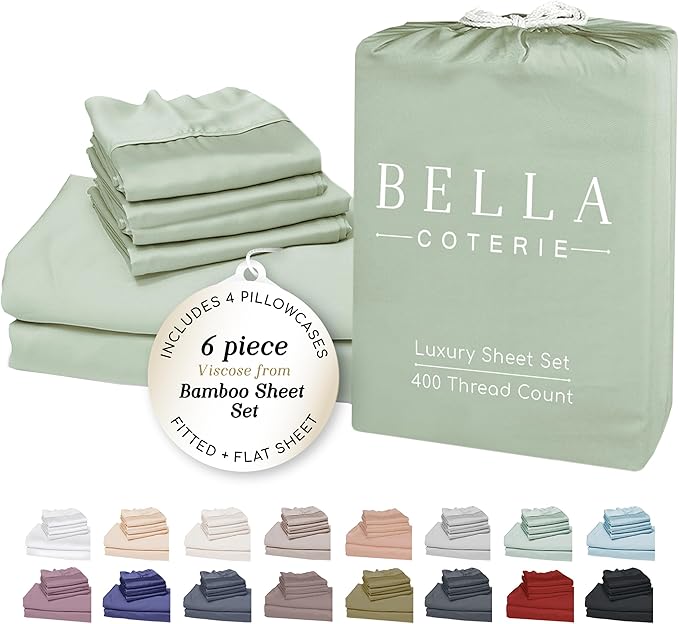 Bella Coterie 6 Piece Luxury Bamboo Viscose California King Size Sheet Set | 100% Organically Grown | Cooling for Hot Sleepers | 18" Deep Pocket | Soft & Hypoallergenic | 4 Pillowcases [Sea Glass]