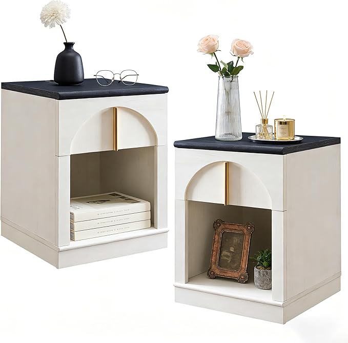 ACCOHOHO Modern Night Stand Set 2 with Arched Panel,18" Wooden nightstand with Charging Station,Bedside Table with Drawer Storage,Side End Table with Open Shelf for Bedroom,Living Room,White