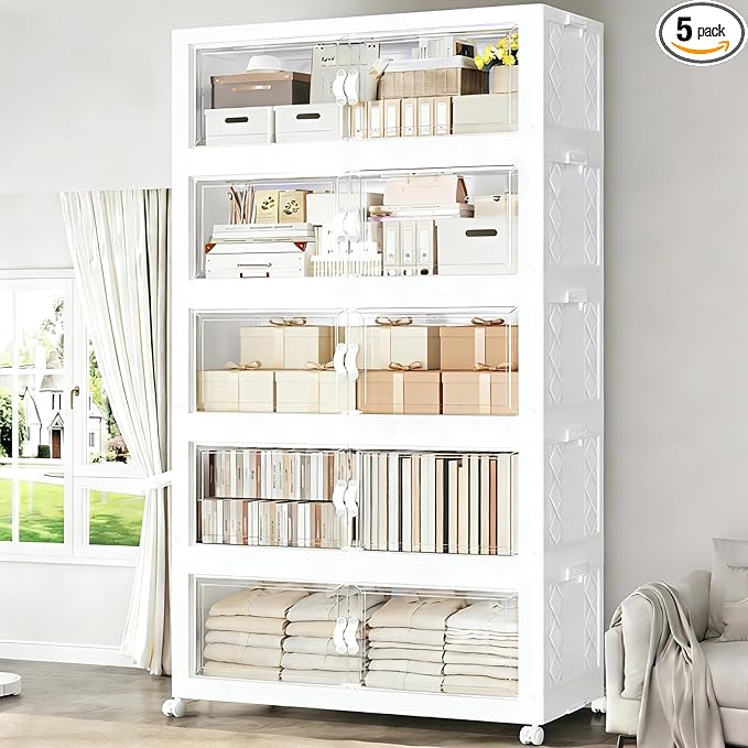 600QT Extra Large Stackable Storage Bins with Lid, 150Gal Collapsible Storage Box with Wheels and Doors, Plastic Closet Organizer and Storage Cabinet for Home Kitchen Office Dorm, 5Pack White