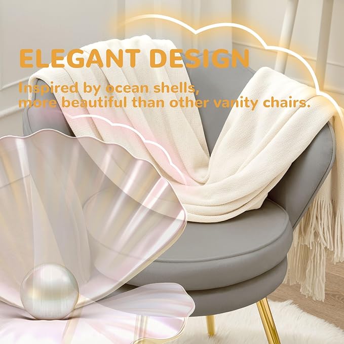 Accent Chairs Set of 2, Velvet Vanity Chair with Back, Mid-Century Modern Small Accent Chair for Living Room, Golden Metal Legs Upholstered Makeup Chair, Bedroom Armchair, Grey