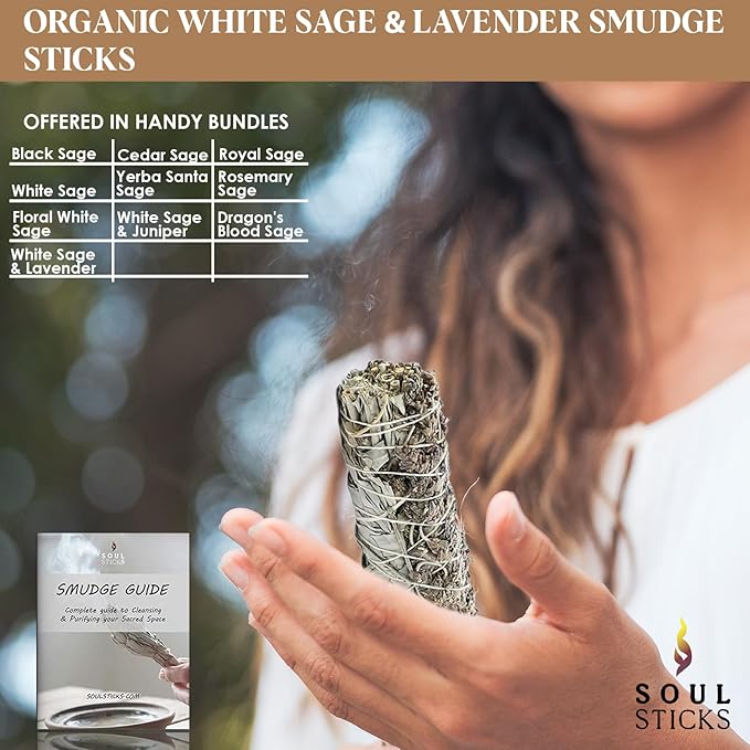 Soul Sticks 9 Inch 1 Pack Organic White Sage & Lavender Smudge Stick With Starter Guide, Bulk Quantities for Home Cleansing, Meditation, & Smudging Rituals, Sustainably Sourced California White Sage