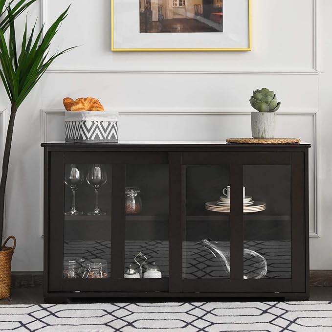 Costzon Sideboard Buffet Cabinet, Wooden Kitchen Storage Cabinet with Adjustable Shelf, Sliding Glass Doors, Accent Coffee Bar Cabinet Console Table for Living Room, Dining Room, Hallway (Coffee)