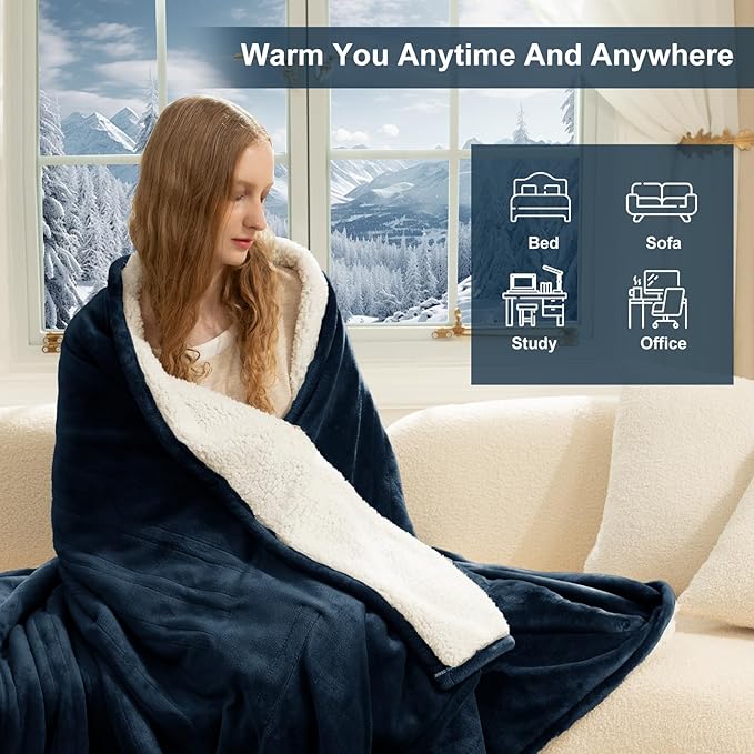 Heating Blanket Full Size - 72" x 84" Flannel Sherpa Heated Blanket with Fast Heating, 6 Heating Levels, 1-10 Hours Timer Settings, Overheat Protection, Washable Electric Blanket, Navy