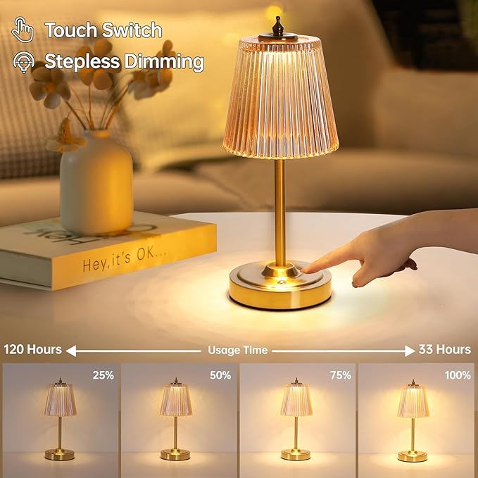 Small Table Lamp with 5200mAh Battery & Touch Control - 3 Adjustable Color Temperatures, Dimmable Rechargeable Table Lamps for Living Room, Bedroom, Bedside (Amber Stripe)