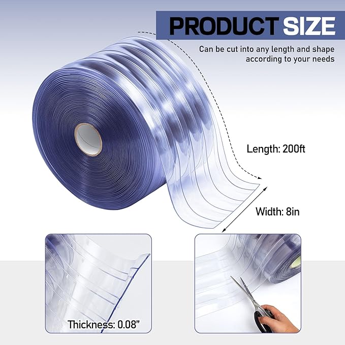 Moukeren Plastic Door Curtain for Winter 200 ft x 8 Inch Thermal Insulated Garage Door Strip Curtains Smooth Waterproof Clear PVC Strip Curtain for Warehouse Freezer, 0.08" Thickness (Striped)