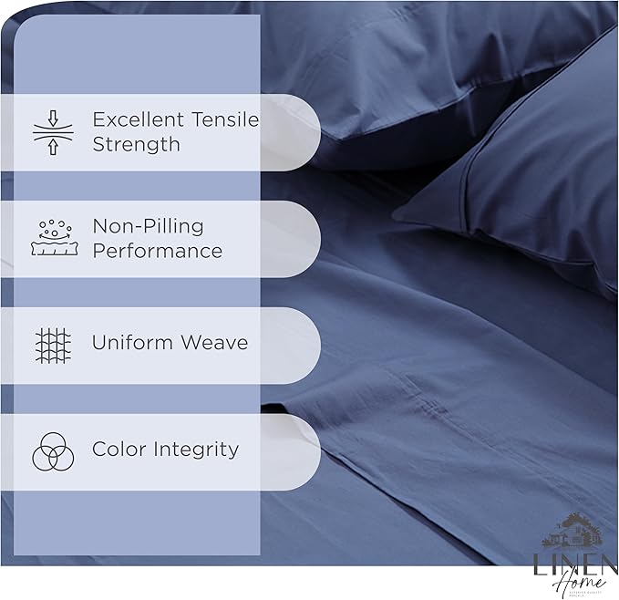 Linen Home 100% Cotton Percale Sheets California King Size,Dark Blue, Deep Pocket, 4 Pieces Set - 1 Flat, 1 Deep Pocket Fitted Sheet and 2 Pillowcases, Crisp Cool and Strong Bed Linen