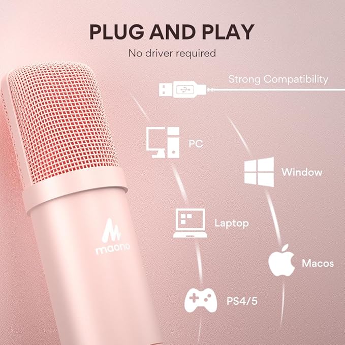 MAONO USB Microphone, 192kHz/24bit Plug & Play PC Computer Podcast Condenser Cardioid Metal Mic Kit with Professional Sound Chipset for Recording, Gaming, Singing, YouTube, AU-A04 Pink
