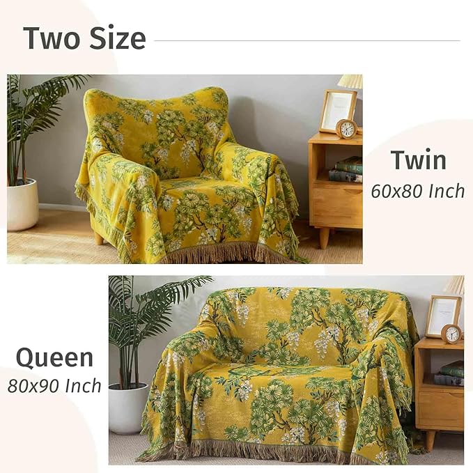Qidordour Boho Throw Blanket, 60"x80" Muslin Blankets, 100% Organic Cotton Blanket for Couch Sofa, Lightweight Quilt with Tassel, All Season Bed Throw, Farmhouse Home Decor, A-Sophora Flower