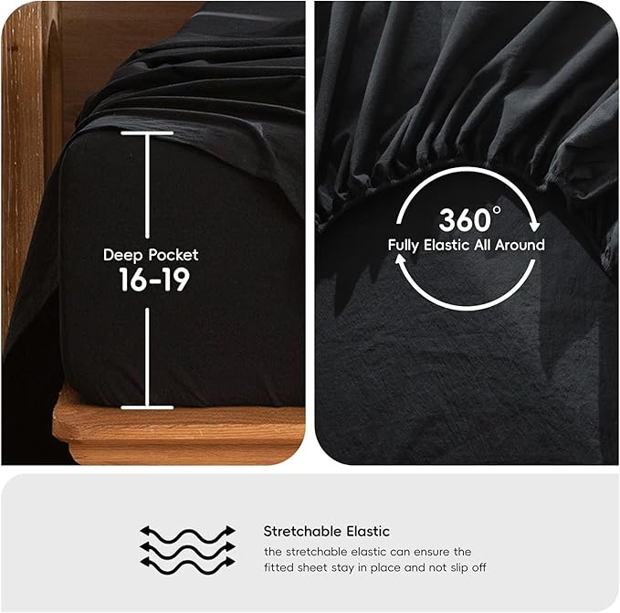 MooMee Bedding Sheet Set 100% Washed Cotton Linen Like Textured Breathable Durable Soft Comfy (Solid Black, Full)