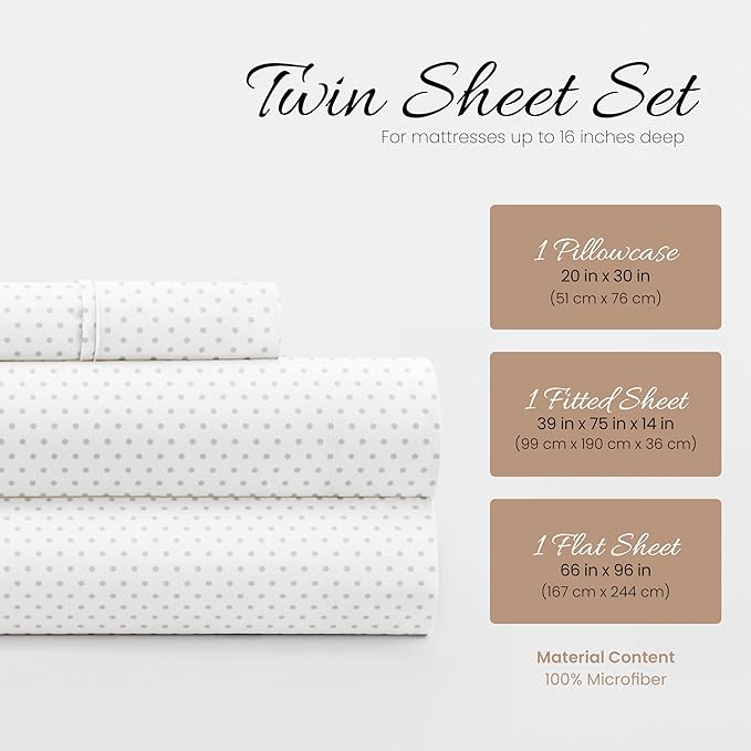 Linen Market Double-Brushed Patterned Microfiber Twin Sheet Set 3 Piece – Oeko-TEX Certified Ultra Soft & Wrinkle-Free - 16" Deep Pocket Sheets - Easy Care Twin Size - Stippled Light Gray