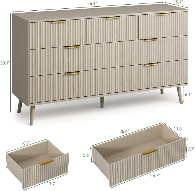 LYNSOM 55" Wide Fluted Dresser for Bedroom with 7 Drawer, Modern Chest of Drawers with Curved Profile Design and Metal Handles, Wood Dresser TV Stand & Storage Organizer for Living Room, Beige