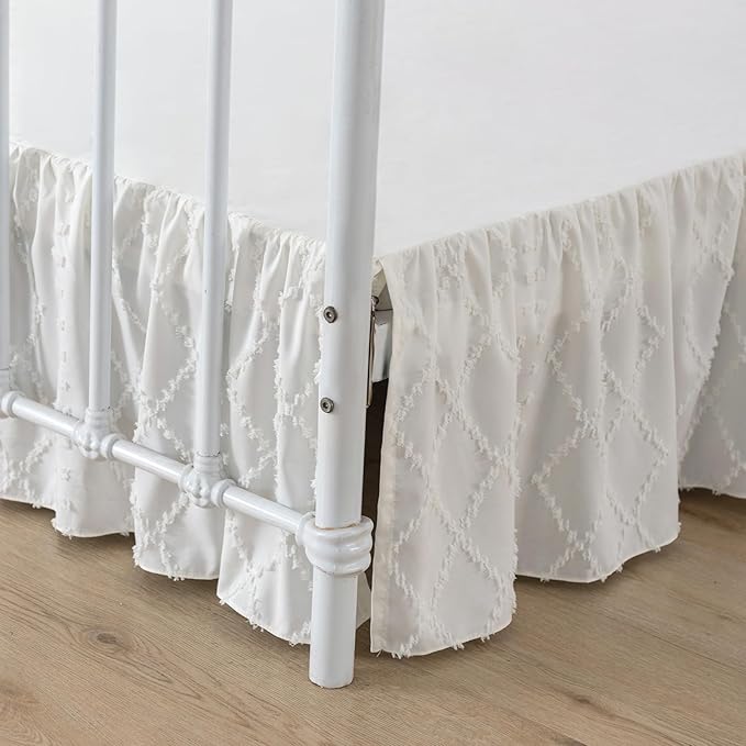 Bed Skirt King Size Ruffled Bed Skirt with Split Corners, 18 Inch Drop Dust Ruffle Bed Skirts with Platform, Boho Tufted Shabby Chic King Size Bed Skirts, Ivory