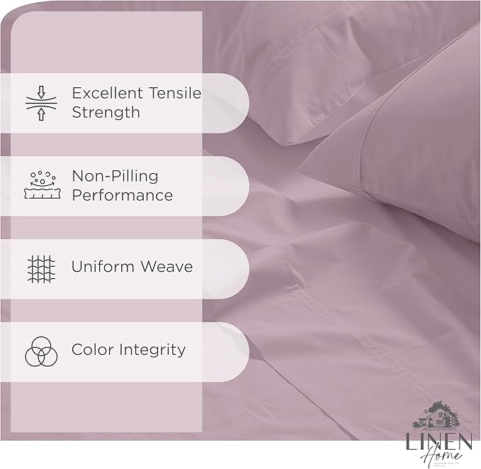 Linen Home 100% Cotton Percale Sheets Twin XL Size, Mauve Lavender, Deep Pocket, 3 Pieces Set - 1 Flat, 1 Deep Pocket Fitted Sheet and 1 Pillowcase, Crisp Cool and Strong Bed Linen