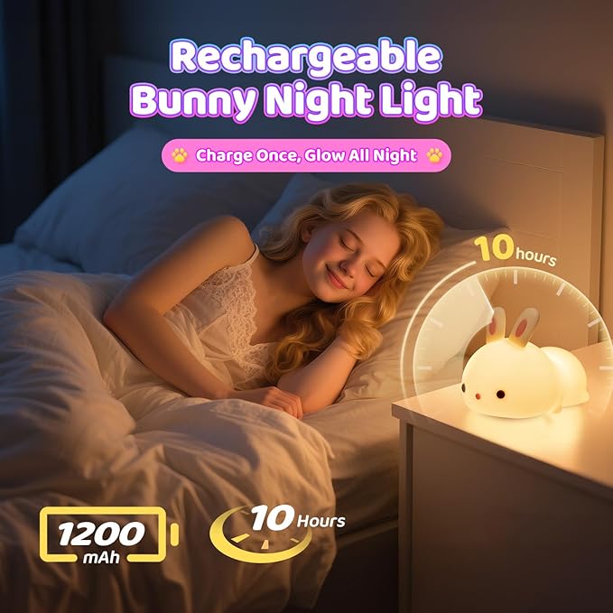 OneFire Night Light for Kids Christmas Gifts for Kids, 16 Colors Bunny Toys Cute Lamp, Soft Silicone Baby Night Light, 1200mAh Portable Dimmable Touch Lamps,Kawaii Room Decor,Christmas Gifts for Teens