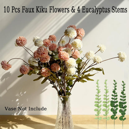 Faux White & Pink Kiku Flower, 10 Stems with 5 Heads Each & 4 Branches Eucalyptus Stems, Artificial Small Mini Chrysanthemum Flowers for Aesthetic Room Decor, Floral Arrangements Centerpiece