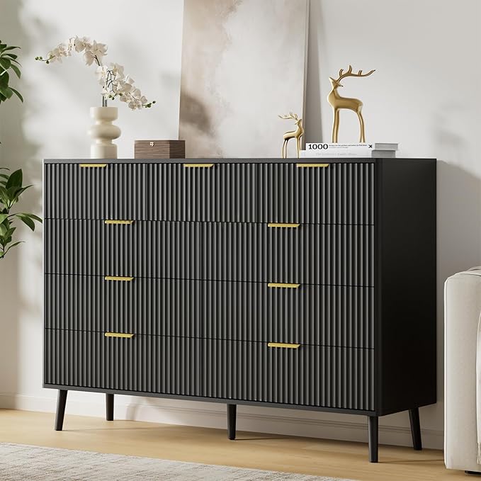 LYNSOM Fluted 9 Drawer Dresser for Bedroom, 55" Wide Modern Chest of Drawers with Curved Profile Design and Metal Handles, Wood Dresser TV Stand & Storage Organizer for Bedroom, Hallway, Black