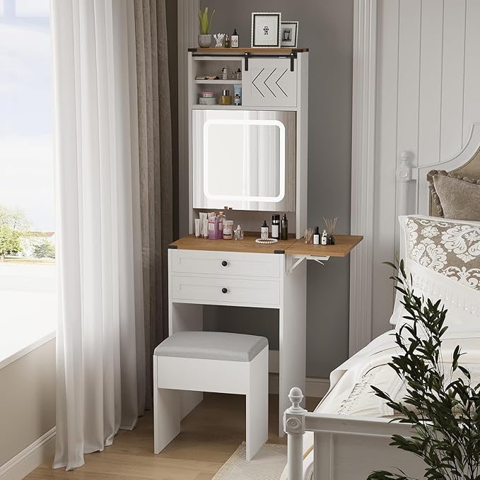 ARTETHYS Farmhouse Small Vanity Desk Set with Mirror Cabinet Mini Makeup Vanities Set with 3 Adjustable Lights and Storage Chair for Compact Space, White Dressing Table with Fold-up Panel