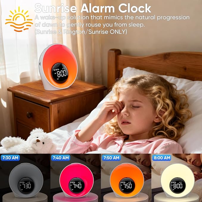 Wake Up Light Sunrise Alarm Clock - Sunrise Simulation & White Noise Machine with 30 Soothing Sounds, 14 Color Dimmable Night Light, Dual Alarms for Heavy Sleepers/Adults/Kids, Digital Clock Timer