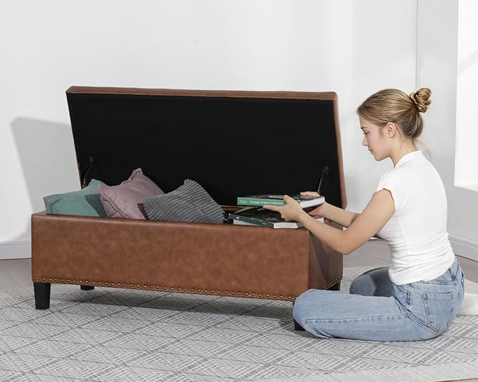 Joveco 41 Inches Storage Ottoman Bench,Microfiber Button Tufted Footstool Ottoman Bench with Nailhead Trim for Bedroom (Chocolate Brown)