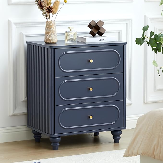 3 Drawer Fluted Dresser for Bedroom, Mid Century Modern Chest of Drawers, Wood Storage Small Dresser Organizer for Bedroom Living Room Hallway Closet, Blue