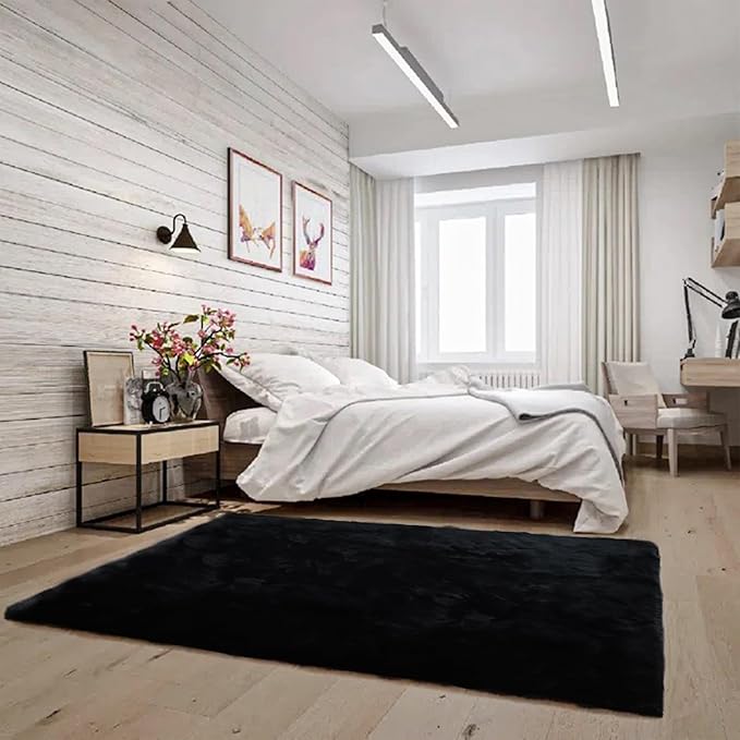Latepis Black 4x6 Area Rugs Fuzzy Faux Fur Rug Washable Fluffy Shag Rabbit Fur Rugs for Living Room Soft Plush Shaggy Rug for Bedroom Nursery Home Decor