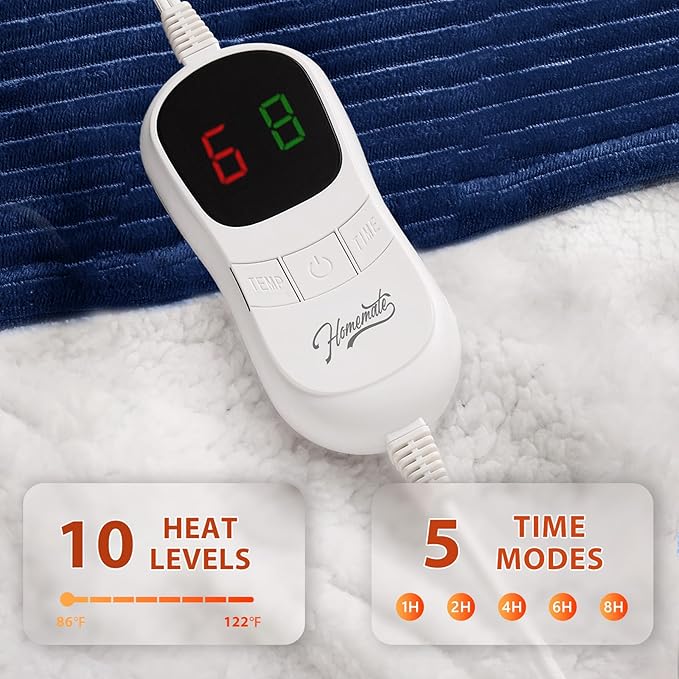 Homemate Electric Heated Blanket Full Size - 72"x84" Heating Blanket Full Size 1/2/4/6/8 Hours Auto-Off 10 Heat Level Over-Heat Protection Soft Flannel Sherpa ETL Certification