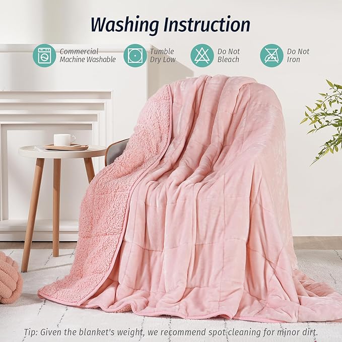 Wemore Sherpa Fleece Weighted Blanket for Adult, 15 lbs Dual Sided Cozy Fluffy Heavy Blanket, Ultra Fuzzy Throw Blanket with Soft Plush Flannel Top, 48 x 72 inches, Pink on Both Sides