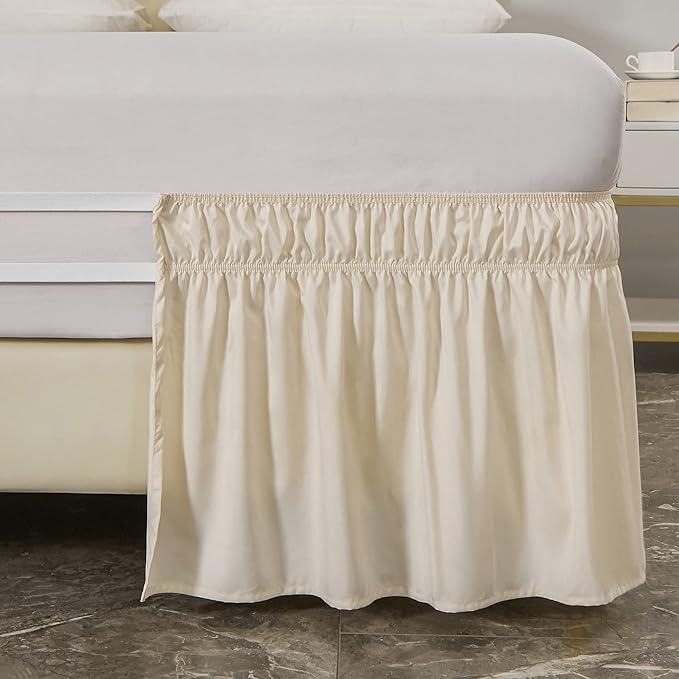 MEILA Wrap Around Bed Skirt Three Fabric Sides Elastic Dust Ruffled 24 Inch Tailored Drop,Easy to Install Fade Resistant-Beige, Queen/King