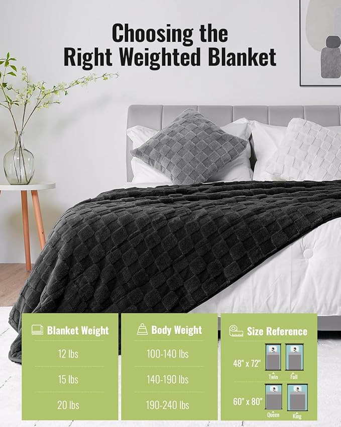 Uttermara Sherpa Fleece Weighted Blanket Full Size(12lbs, 48" x 72", Black), 3D Jacquard Checkered Warm Sherpa Heavy Blanket for Adults, Soft Fuzzy Weighted Blankets for Couch Bed Sofa
