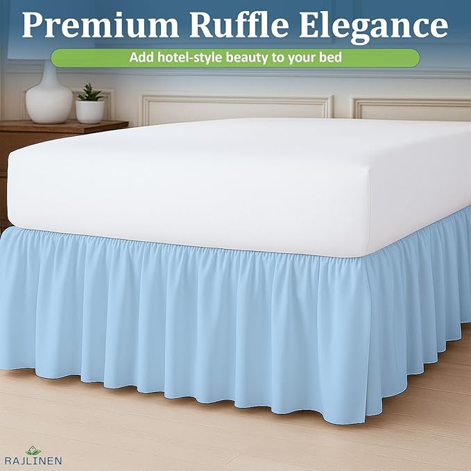 Rajlinen Ruffled Bed Skirt Twin XL, 21 Inch Drop Dust Ruffle with Split Corners, 100% Microfiber Bedskirt with Platform, Three-Sided Coverage Ruffled Gathering Design, Light Blue